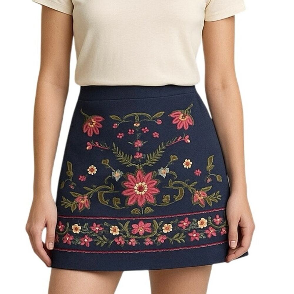 NWT Harper Heritage Embroidered Floral Corduroy Mini Skirt Navy Boho Folk Size M
